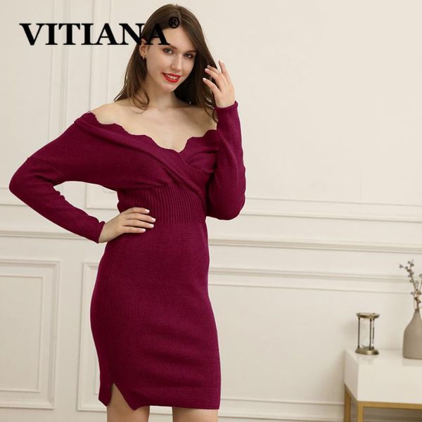 

casual dresses vitiana women knit midi dress for autumn spring 2021 female long sleeve v-neck femme elegant vestidos, Black;gray