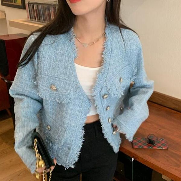 

women's jackets korean fashion chic loose v-neck single breasted long sleeve tassel short coat elegant autumn vintage tweed jacket wome, Black;brown