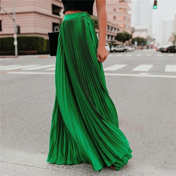 

pleated chiffon high waist women's maxi skirts floor length solid long skirt ladies loose green black pink bottoms female 210315