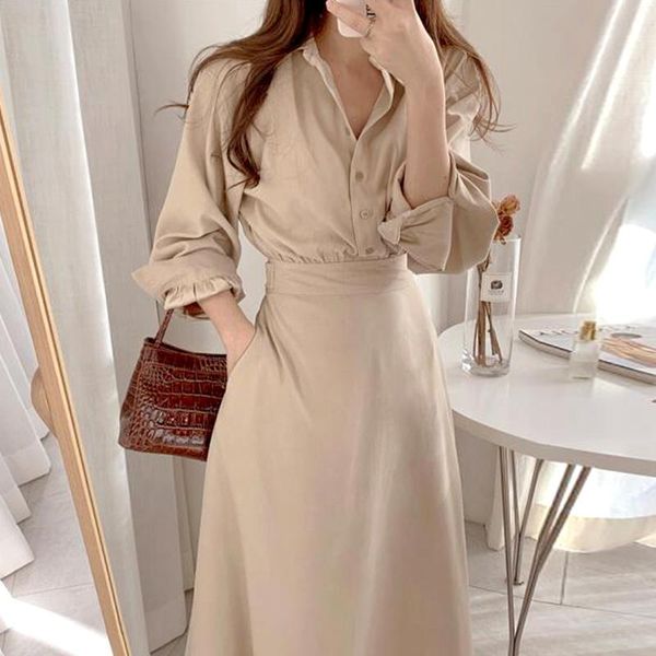 

casual dresses [ewq] korean chic white lapel single breasted stitching fake two long sleeved shirt mid-calf dress female 2021 16e2940, Black;gray