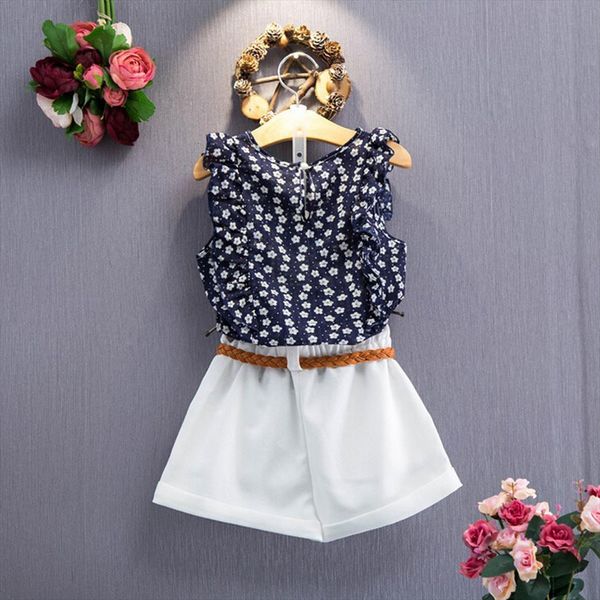 

summer childrens suit girls floral sleeveless t shirt shorts with belt casual fashion sports clothing sweet, White