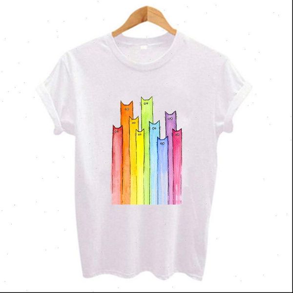 

womens t shirt kawaii colorful long necked cat printing casual white t shirt short sleeve o neck t shirt women