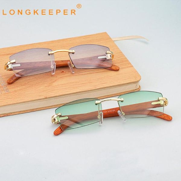 

sunglasses longkeeper vintage rimless women men classic wood legs rectangle sun glasses male uv400 gafas, White;black