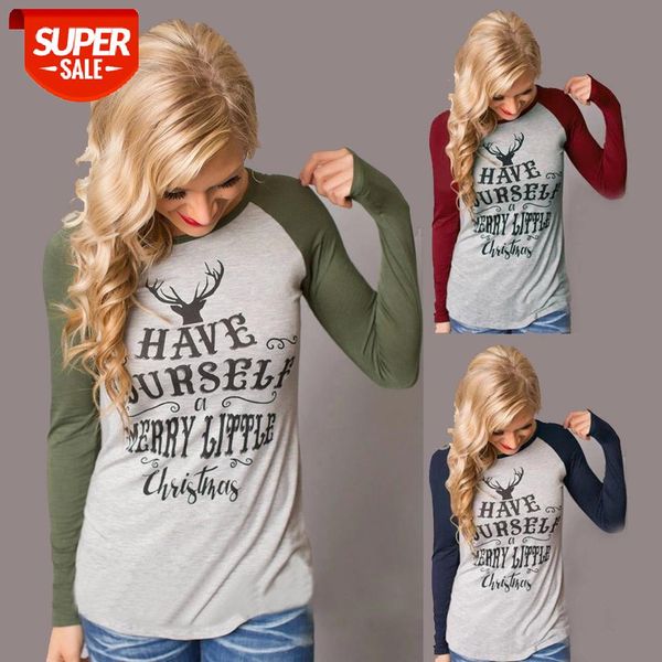 

autumn long sleeves t-shirt women's pullover fashion loose casual round neck christmas print splicing raglan sleeves streetwear #lh21, White