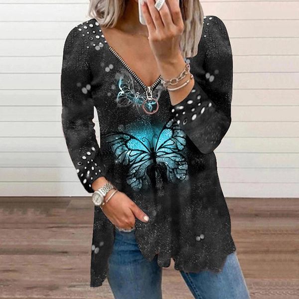 

women's t-shirt butterfly print v-neck vintage zipper long sleeve shirt women fashion loose pullover casual streetwear autumn, White