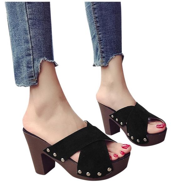 

slippers women wedges cross strap platform shoes elegant solid color ladies chunky heel peep toe flip flop #lr3, Black