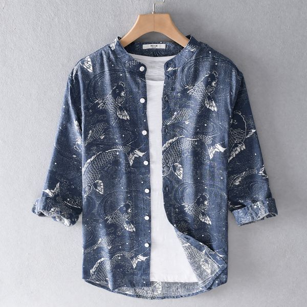 

2021 new chinese style three-quarter sleeve linen brand casual for men fashion loose shirt mens summer trend shirts male oym9, White