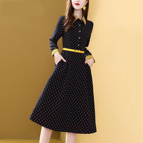 

casual dresses runway designer retro long midi dress women sleeve print shirt turn down collar office lady autumn winter a317, Black;gray