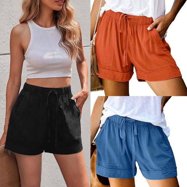 

women's shorts feitong summer five-point solid color comfortable drawstring casual loose daily high waist elastic belt, White;black