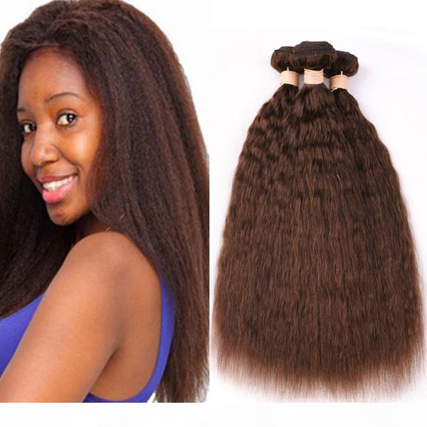 

#4 chocolate brown kinky straight malaysian human hair weave bundles 3pcs medium brown virgin hair weft extensions coarse yaki hair weaves, Black