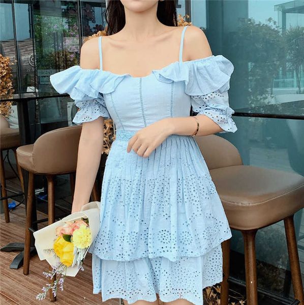 

elegant ruffle off shoulder slash neck women cotton dress spaghetti strap hollow out pleated dresses female sweet short sundress 210527, Black;gray