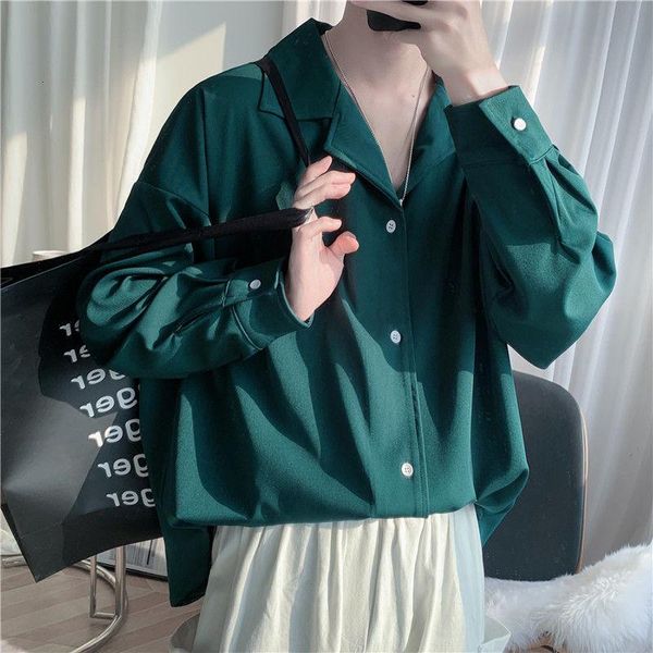 

men's casual shirts korean dress shirt fashion solid color men streetwear spring loose long-sleeved mens social -xl, White;black
