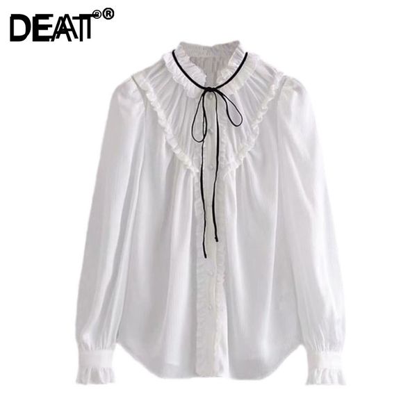 

[deat] white women round neck long sleeve ruffles single-breasted loose shirt spring autumn fashion 13c271 210709
