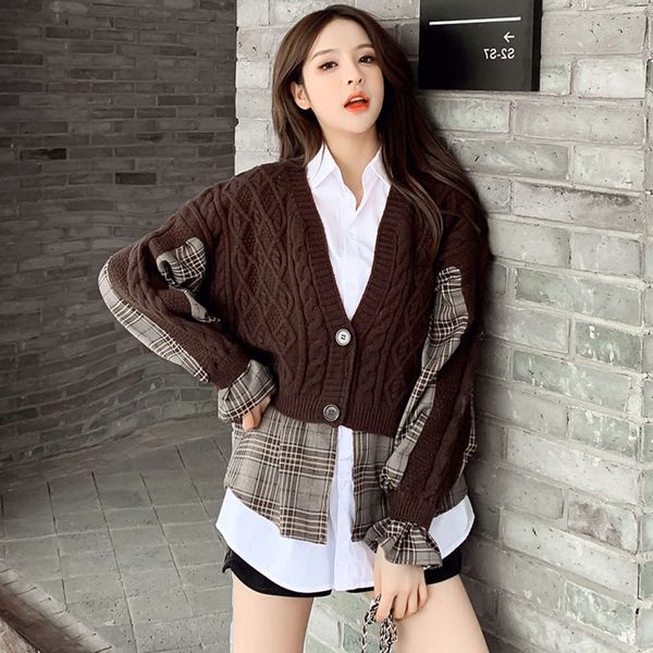 

2021two knitted women's autumn winter 2020 new fashion temperament sweater plaid stitching cardigan coat women, White;black