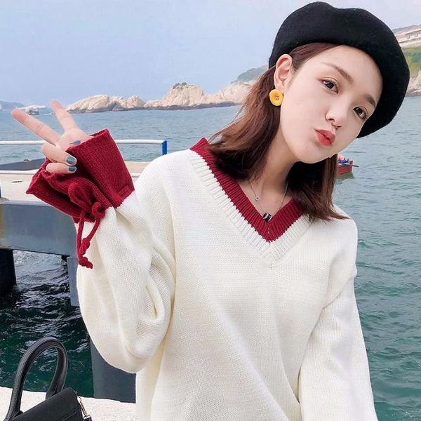 

women's sweaters 2021 women autumn winter v-neck patchwork knitted jumper female korean flare sleeve loose sweater pullovers k22, White;black