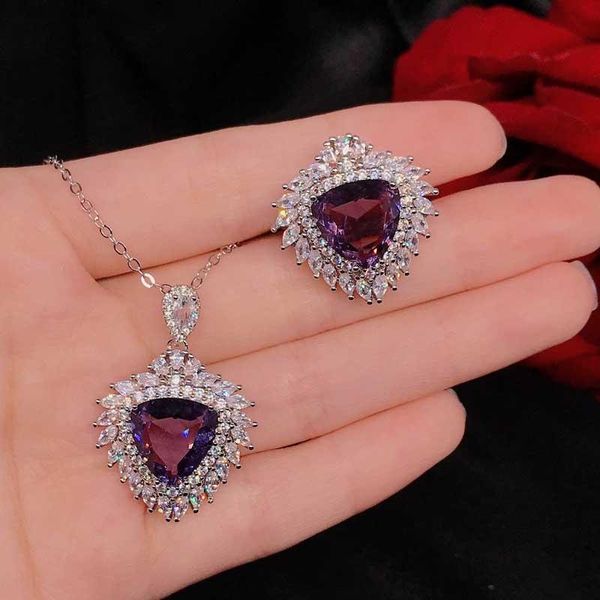 

earrings & necklace 2021 geometry jewelry set inlay purple fat triangle cubic zirconia fashion pendant for women wedding eternal ring, Silver