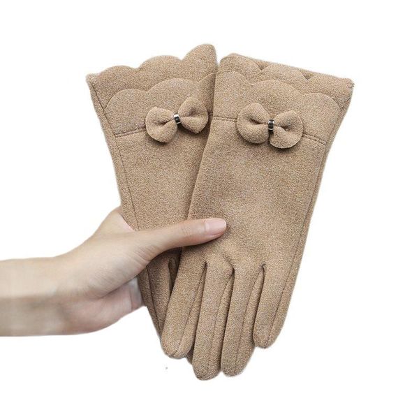 

five fingers gloves women winter keep warm touch screen thin fleece bow windproof female elegant solid soft cycling drive, Blue;gray