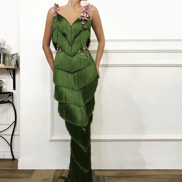 

gorgeous green mermaid evening dresses spaghetti strap dubai arabic tassel appliqued lace prom dresses sleeveless formal party gown, Black