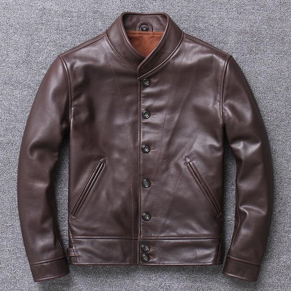 

men's leather & faux vintage cow skin genuine jacket american casual style coat, Black