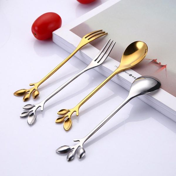 

creative stainless steel spoons fork stainless steel coffee stirring spoon fruit dessert fork branch leaves shape kitchen tool