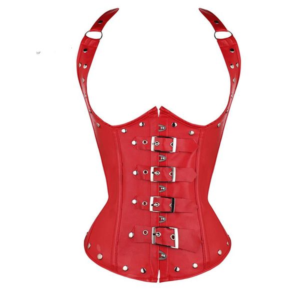 

women's shapers pu corset waist trainer steel boned halterneck leather underbust 2 colors choice rivets and buckles decorated, Black;white
