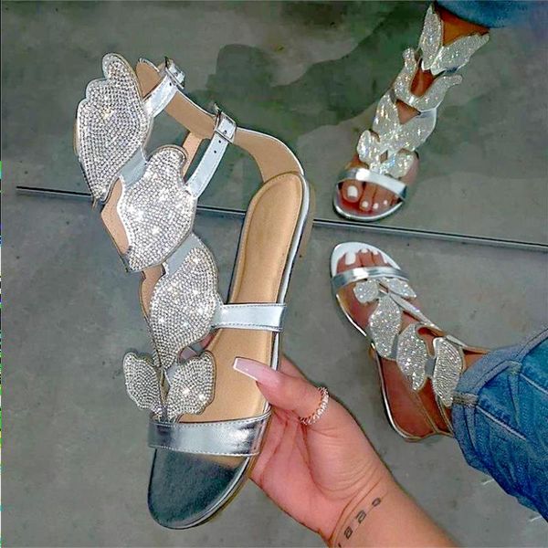 

woman flats rhinestone slides sandals open ladies butterfly shoes 35-43 female crystal 05 ankle women's slippers size zipper qhmr, Black