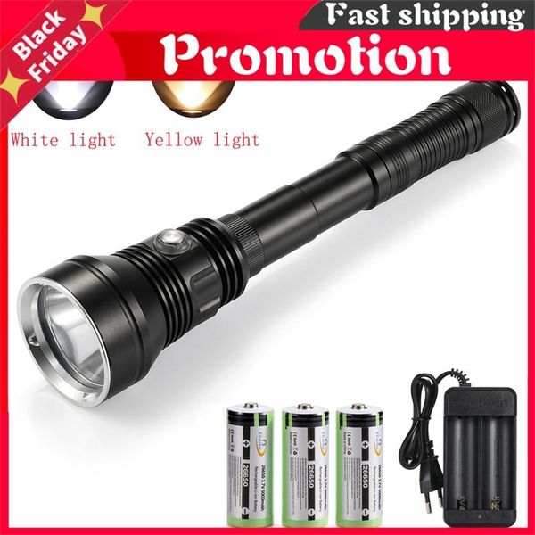 

flashlights torches powerful waterproof scuba diving xhp70.2 yellow/white light 6000lm underwater tactical dive torch 26650 batte