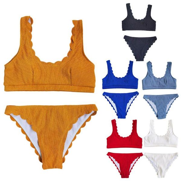 

women bikini set ribbed knit push up swimsuit scalloped edge bathing suit