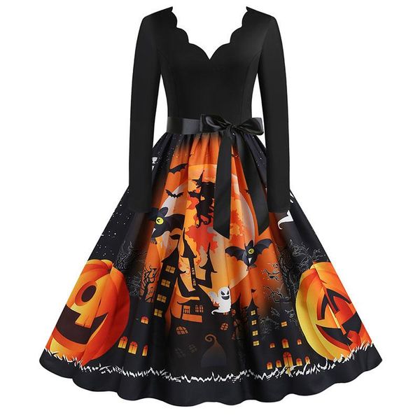 

casual dresses women halloween dress s~3xl plus size vintage pumpkin printed v-neck long sleeve swing winter party festival sundress, Black;gray
