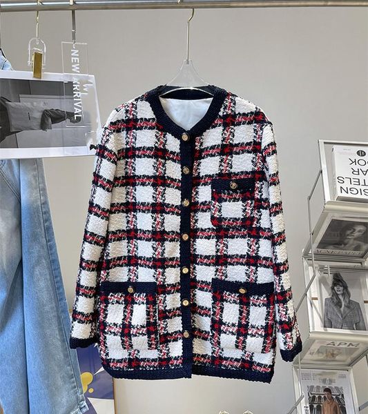 

women's wool & blends autumn vintage o-neck loose plaid tweed coat c345, Black
