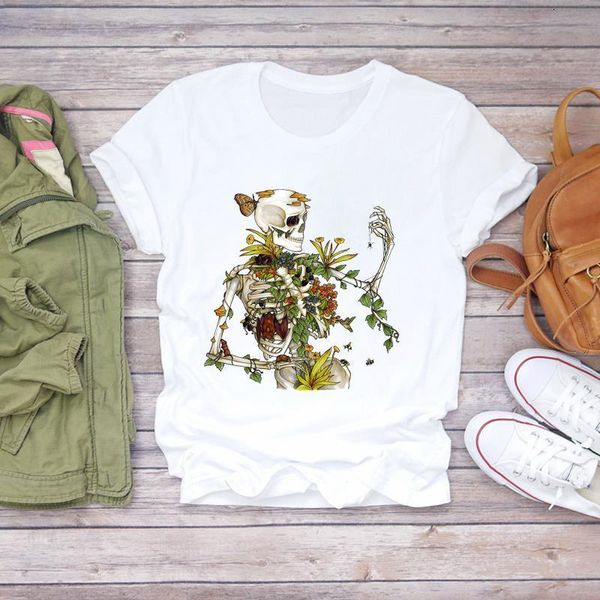 

women cartoon skull flower floral printing fashion clothing summer shirt t-shirts t graphic female ladies womens tee t-shirt, White
