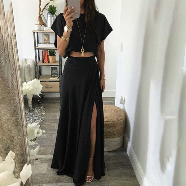 

fashion women high split skirt set summer cropped and long skirt two-piece sets black chic pullover lounge wear outfits 210708, White