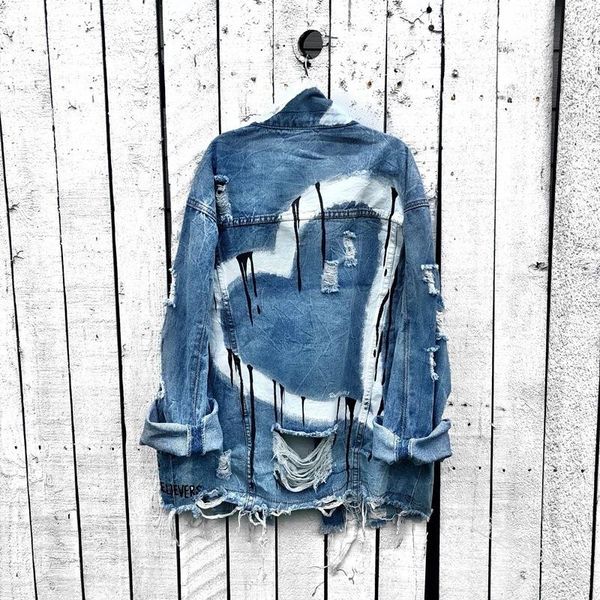 

women's jackets plus size fashion peach heart print graffiti ripped denim jacket, Black;brown