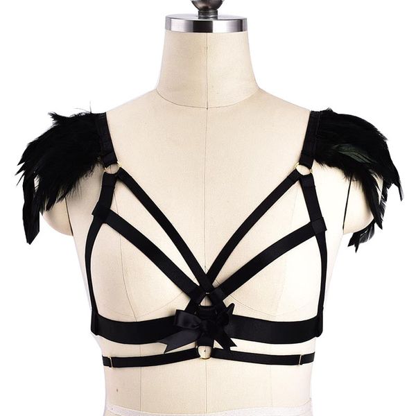 

harness feather uniform shoulder strap dew milk seductive lingerie, Black;white