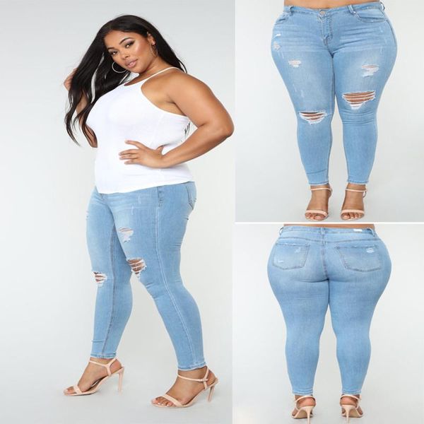 

women's jeans plus size 2021 high waist woman elastic ripped hole light blue cowboy female pencil pants p517