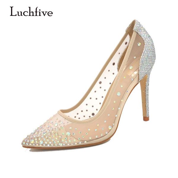 

dress shoes luchfive crystal high heeled pumps mesh air sequins pointy toe princess stiletto heel wedding woman, Black