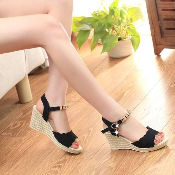 

sandals flock summer ladies women's wedges fashion wild student 2021 shoes slippers footwear, Black
