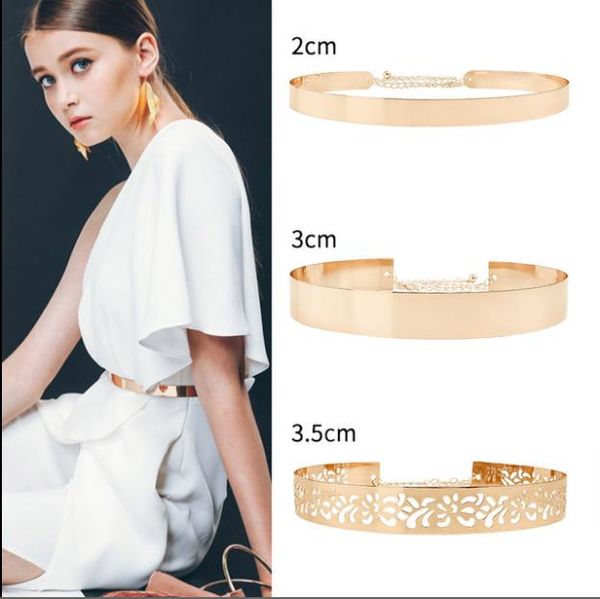 

belts 1pc fashion women adjustable metal waist belt bling gold silver color plate vintage lady simple chains mirror waistband, Black;brown
