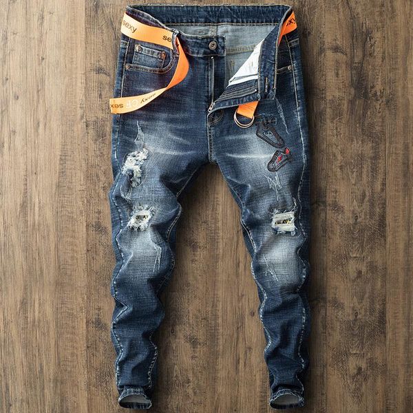 

men's jeans men's spring and autumn stretch slim ripped embroidered print fashion trousers high-quality skinny pants, Blue