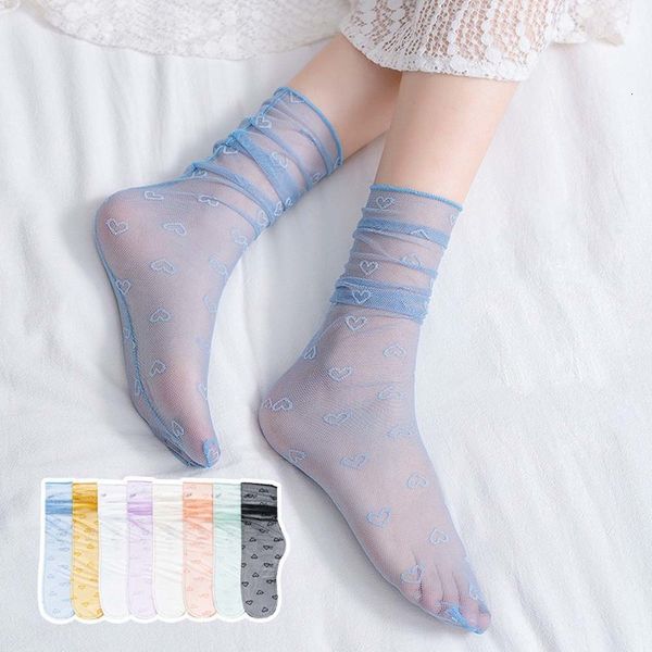 

summer women harajuku candles heart lady transparent mesh socks, Black;white