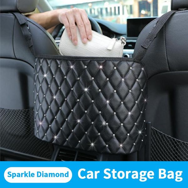 

car organizer rhinestone pu seat storage net pocket auto interior decoration box universal hanging store bag for accessories