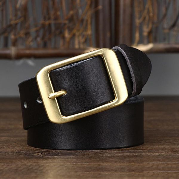 

belts 3.8cm width cowskin for men retro vintage genuine leather copper pin buckle waist strap male belt jeans high quality, Black;brown