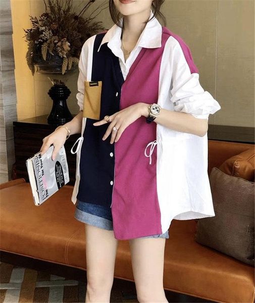 

women's knits & tees british style 2021 autumn womens contrast stitching shirts loose vasual oversized street female knitted trend e136, White