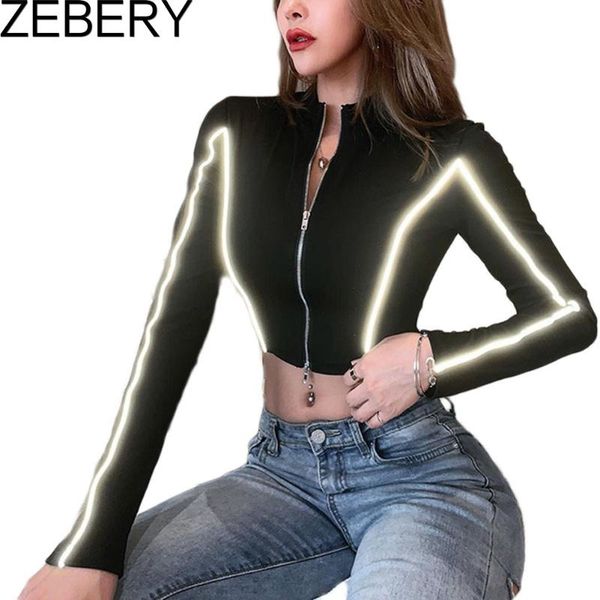 

women's t-shirt zebery women clothing crop y2k reflective double zipper long sleeve balck slim coat e-girl fashion jacket sport sh, White