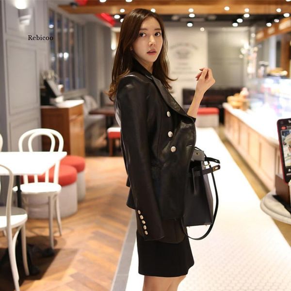 

women's jackets fashion women spring autumn black faux leather buttons basic coat turn-down collar biker jacket, Black;brown