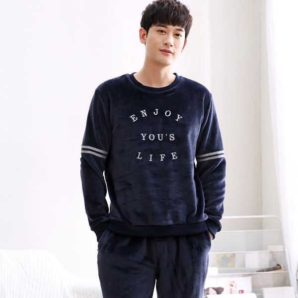 

jrmissli warm flannel pajamas sets winter men casual printing letter plus thick o neck long sleeve pant hooded pajamas m7906, Black;brown