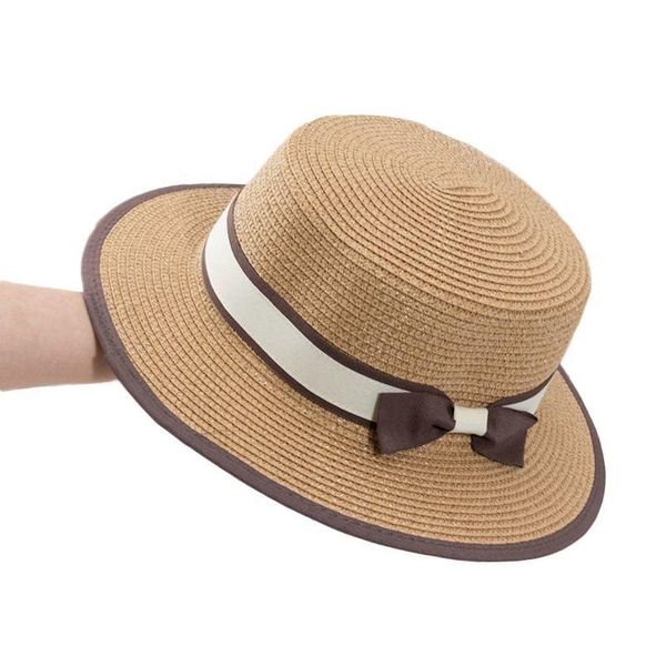 

wide brim hats summer women's boater beach hat side female casual panama lady classic flat bowknot straw sun women fedora, Blue;gray