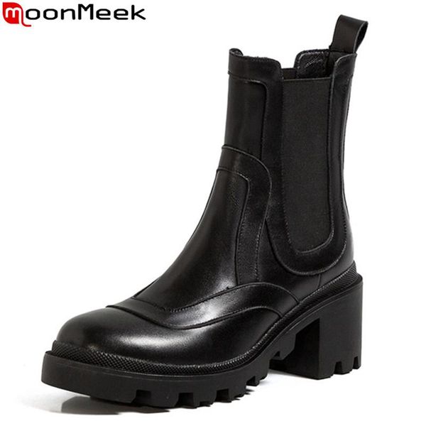 

boots moonmeek 2021 genuine leather thick high heels round toe ladies shoes autumn winter black color ankle for woman