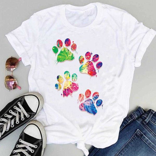 Donne Cartoon Acquerello Paw Pet Dog Cute Fashion Stampa Grafica Estate Manica corta Abbigliamento femminile Top Tees Maglietta T-Shirt X0628