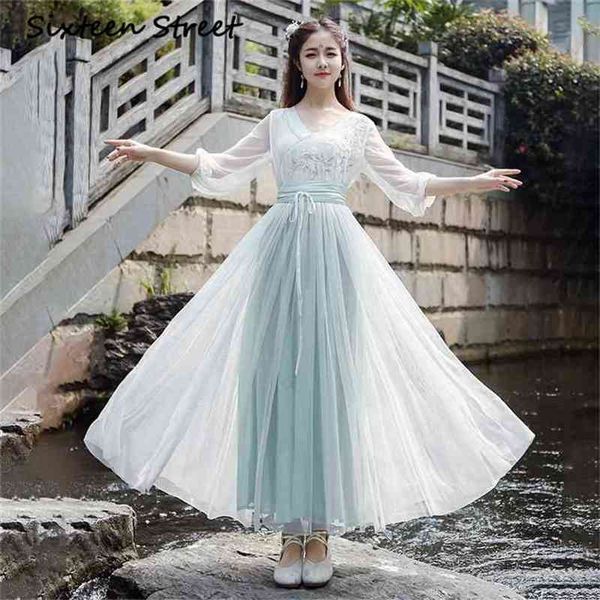 

elegant mesh vintage floral long women dress embroidery chinese style hanfu v-neck ankle-length evening party blue 210603, Black;gray